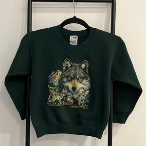 Vintage Fruit of the Loom Wolf Wilderness Sweatshirt Green Kids Size 10/12